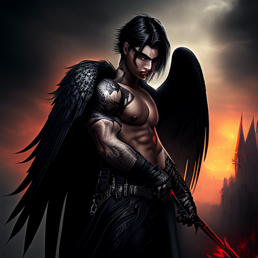 A male dark angel with scars, Seductive, Dark fantasy