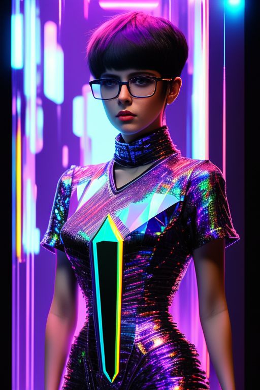 Digital illustration, Hyperrealistic photography, American young adult woman, hourglass figure, short hair, baggy t-shirt, glasses, ((((looking at camera)))), cyberpunk, blade runner-esque, Post-apocalyptic, Canon 5D, nikon d750, Futuristic, cybernetic, Neon, dystopian, Urban, Digital, holographic, Metallic, grungy, high-tech, Glitch, synthetic, augmented reality, Intricate, Scenic, hyper-realistic, hyper-detailed, 8k, Materials used ((such as metal, plastic, Glass, led lights, circuit boards and wires, Leather, textured fabrics)), Neon lights, cool muted colors ((such as blue, green, and purple)), High contrast, High contrast between light and dark, Dramatic shadowy scenes, Digital glitches ((such as pixelation, distortion, and static)), Red accents, Monochromatic color scheme ((such as black and white)), Holographic effects ((such as prisms and reflections)), Syd Mead, Masamune Shirow, Katsuhiro Otomo, Artgerm, Wlop
