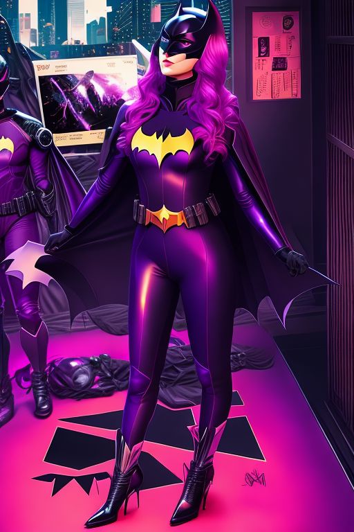 Batwoman,purple batsuit,full body portrait, In the art style of Ilya Kuvshinov  and Jean Giraud, Japanese anime, 16K, Fine stroke with high defination feeling, Color outlined, Centered and symmetrical