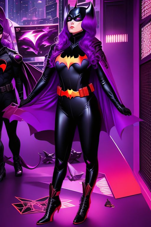 Batwoman,purple batsuit,full body portrait, In the art style of Ilya Kuvshinov  and Jean Giraud, Japanese anime, 16K, Fine stroke with high defination feeling, Color outlined, Centered and symmetrical