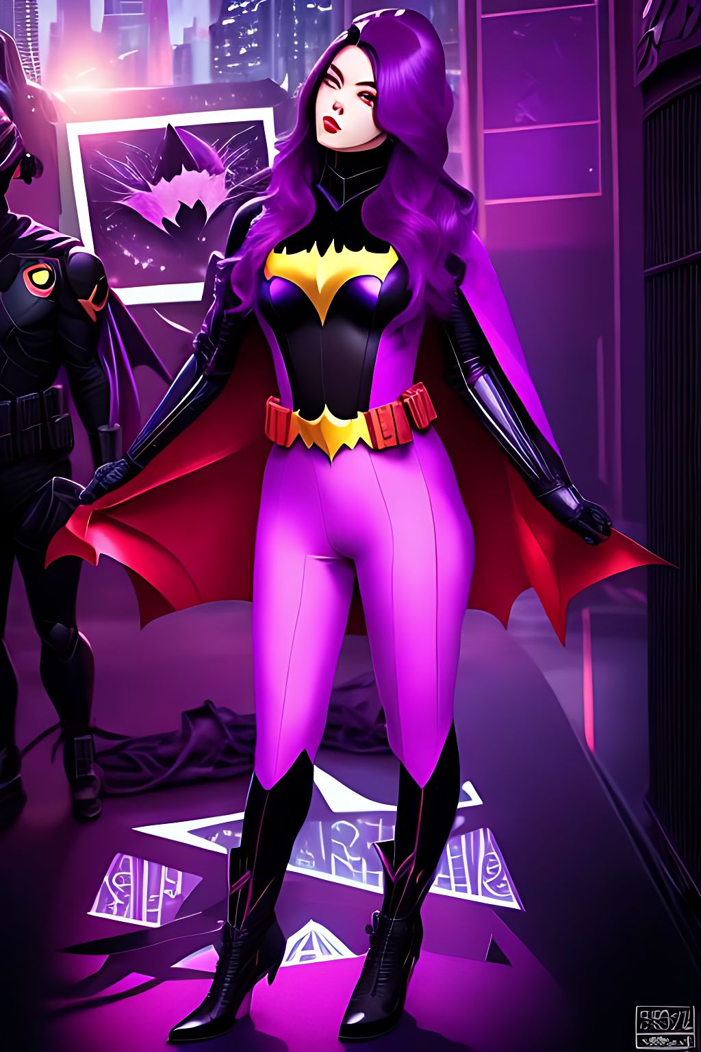 Batwoman,purple batsuit,full body portrait, In the art style of Ilya Kuvshinov  and Jean Giraud, Japanese anime, 16K, Fine stroke with high defination feeling, Color outlined, Centered and symmetrical