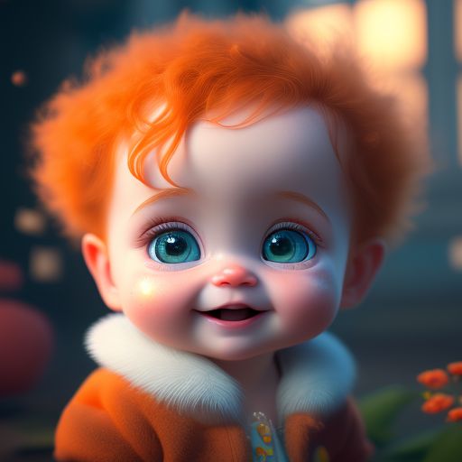 Super cute, Baby, Pixar, A dripping ginger , Big bright eyes, Fluffy, Smile, Delicate and fine, Fairy tales, Incredibly high detailed, Pixar style, Bright color palette, Natural light, Simple background with pure color, Octane render, Trending on Artstation, Gorgeous, Ultra wide angle, 8k, HD, Realistic