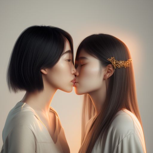 Portrait, an asian girl and a white girl kissing, Beautiful hair, Makeup, Octane render, 8k, Beautiful lighting, Golden ratio composition