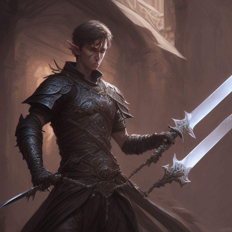 An elf bladesinger swing his magical swords against evil, with intense focus, High contrast, Dramatic Lighting, Intricate, Highly detailed, Digital painting, Artstation, Concept art, Sharp focus, art by magali villeneuve and greg rutkowski and artgerm and wayne barlowe and donato giancola.