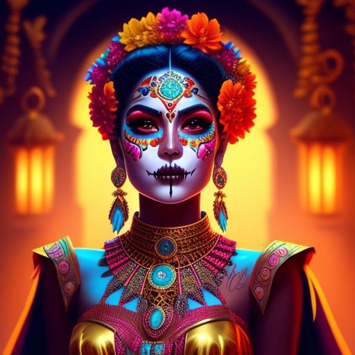 plush-bat562: aztec goddess wearing mexican dress with sugar skull