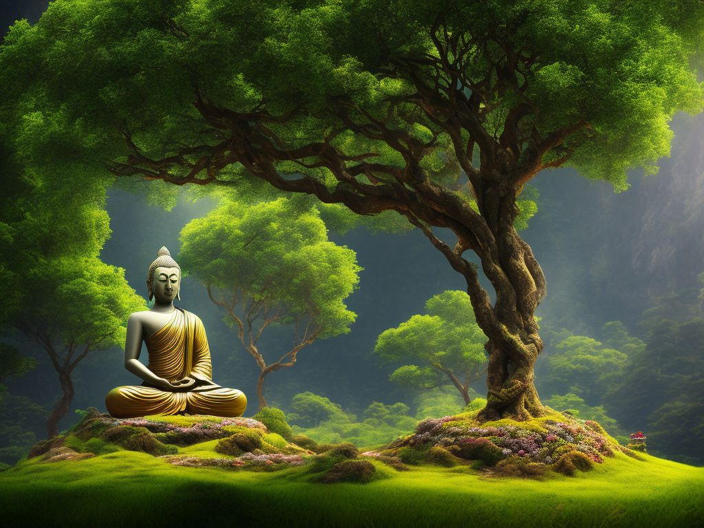 Buddha meditating under the Bodhi tree near the base, in the center of the tree, the branches spread out on all sides, realistic picture., fantasy images