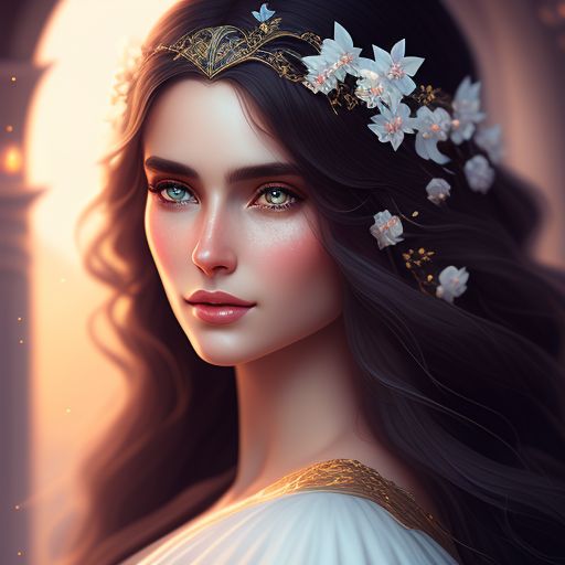 frizzy-bat424: elven woman with moon flowers in her hair, wearing white ...