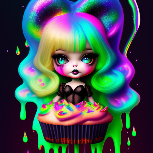 Bratz baby doll. pin up w glowing rainbow crystals dripping neon green flames background rainbow sequins glitter face waiting cupcakes w liquid rainbow dripping lollipops and clouds , Abstract, Dark, spooky, Intricate, Highly detailed, monochrome coloring, Surreal, Digital art, by loish, Trending on Artstation, sharp focus.