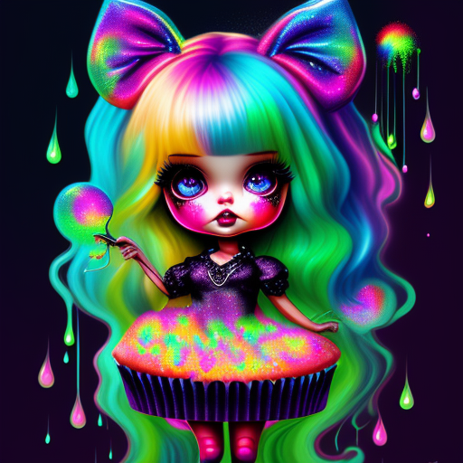 Bratz baby doll. pin up w glowing rainbow crystals dripping neon green flames background rainbow sequins glitter face waiting cupcakes w liquid rainbow dripping lollipops and clouds , Abstract, Dark, spooky, Intricate, Highly detailed, monochrome coloring, Surreal, Digital art, by loish, Trending on Artstation, sharp focus.