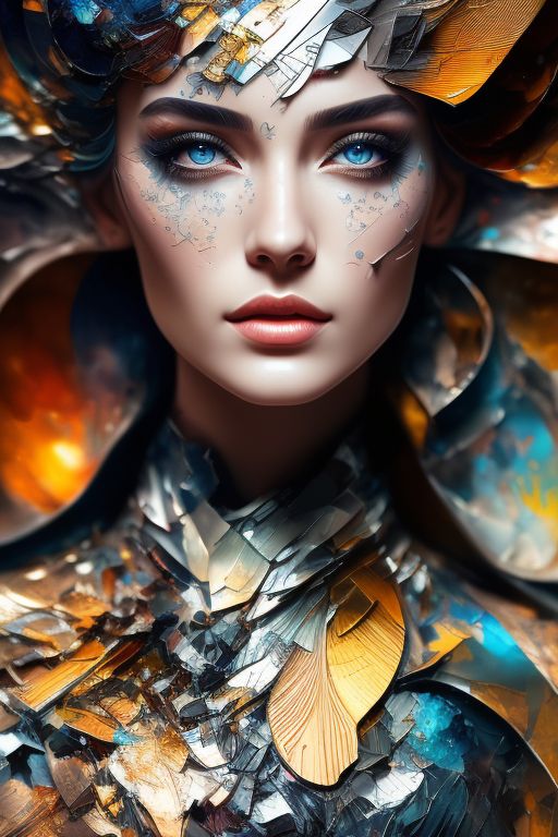 ultra detailed artistic abstract photography of geometrical woman face, Full Body Shot Of (a woman Wearing ((Sheath Dress)) (Fashion Shoot Style), (front to camera), Dynamic Posing, detailed British face, ((aspiring facial expression)), Light brown hair, ultra detailed photograph, cinematic lighting, artstation, 4k, sharp focus, high resolution, detailed skin, detailed eyes, detailed symmetric circular iris, shattered paper fragments, natural body posture, art by alberto seveso, by guy denning, by johannes itten, by russ mills, by gustav klimt, Symmetrical, abstract artstyle, intricate complex watercolor painting, sharp eyes, Digital painting, color explosion, Concept art, voluminetric lighting, metallic reflections, 8k, by artgerm, Trending on Artstation