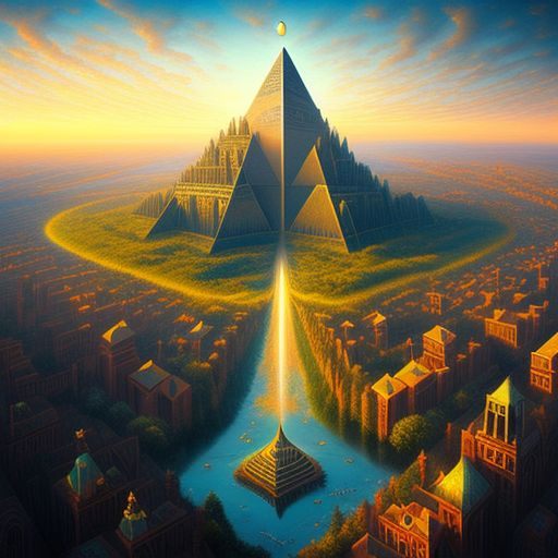 Early morning, city of the future. Tall pyramid tower. High angle view, top view., jacek yerka and vladimir kush, symmetrical epic fantasy art, surreal concept art, surreal art