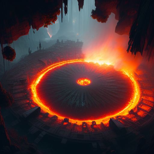 A person dipping a weapon into lava, surrounded by dense jungle and a few scattered ruins, - high-angle view of a circular hunger games arena with a dormant volcano in the center, surrounded by thick jungle and crumbling ruins, moody, Eerie, low-key lighting, intricate detailing, Digital painting, art by michael kutsche, greg rutkowski and artgerm. trending on artstation, sharp focus.