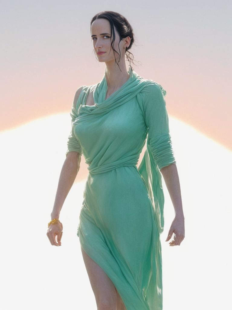 Myndcruzer: Eva green as Jessica 6,full body portrait,green tunic ,bright  cinema lighting,pink sunset unreal engine,4k photo😀