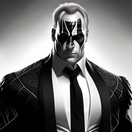 Sting the wrestler with his face painted white and black as a lawyer wearing a suit and tie, with high contrast lighting, graphic novel style, Intricate details, Digital painting, Trending on Artstation, inspired by artists like alex ross and jim lee.
