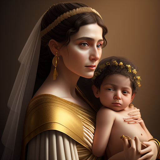 Portrait, 
A newlywed roman woman married to a emperor portrait. She very beautiful and caring her new born baby.

, Beautiful hair, Makeup, Octane render, 8k, Beautiful lighting, Golden ratio composition, Detailed painting