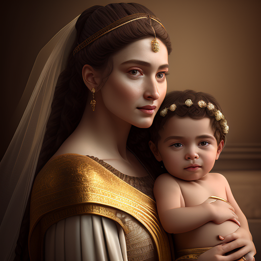 Portrait, 
A newlywed roman woman married to a emperor portrait. She very beautiful and caring her new born baby.

, Beautiful hair, Makeup, Octane render, 8k, Beautiful lighting, Golden ratio composition, Detailed painting