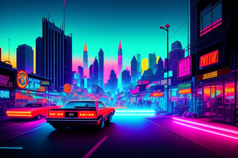 80s vibe city landscape
, neon lights, and retro cars, Nostalgic, Vibrant, saturated colors, Digital illustration, Trending on Artstation, art by james white and dan mumford, Low angle, sharp focus.