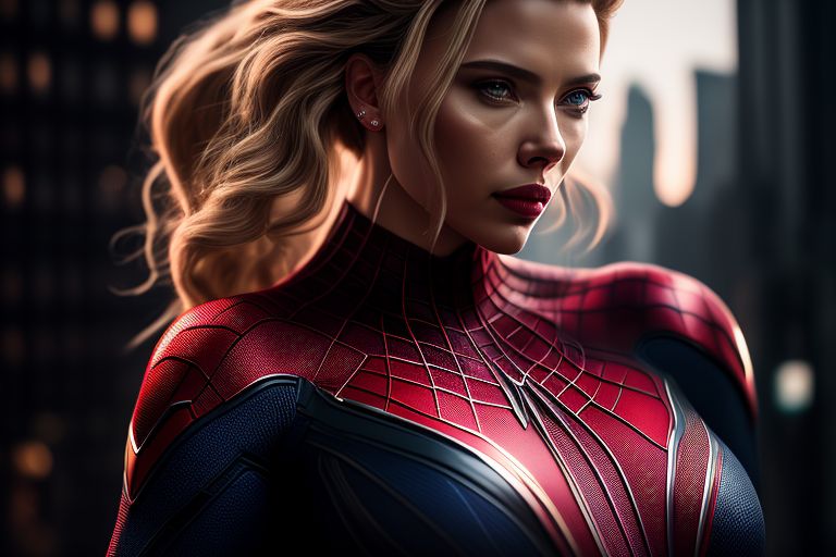 blandgnu281 Scarlett johanson wears spiderman suit, half body shoot, hyper realistic, color
