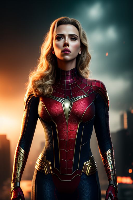 bland-gnu281: Scarlett johansson wears spiderman suit, soft skin, gloomy  face, beautiful, hyper realistic, color grading, full body standing,  cinematic, golden ratio, good composition body parts