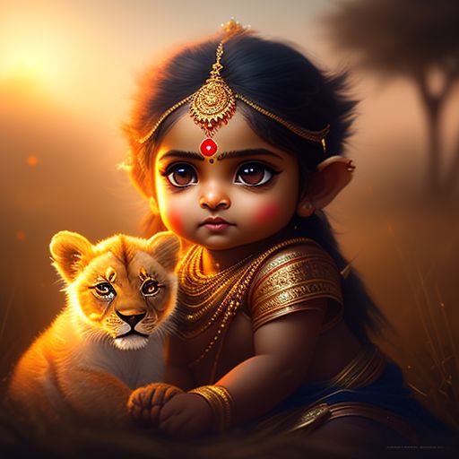 very cute tiny, A cute Indian god Durga Maa with  holds a tiny lion cub in the savannah, rim lighting, adorable big eyes, small, By greg rutkowski, chibi, Perfect lighting, Sharp focus