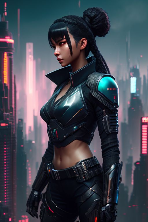 girl, sci-fi suit, cyberpunk cityscape, big boobs 