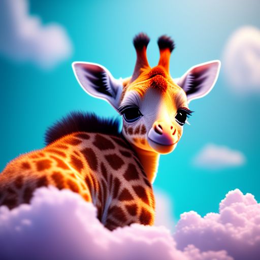 realistic 3d render of a happy, furry and cute, cute baby giraffe sleeping in colourful clouds, cosy, 8k, baby animal, smiling with big eyes, looking straight at you, Pixar style, 32k, full body shot with a light blue background