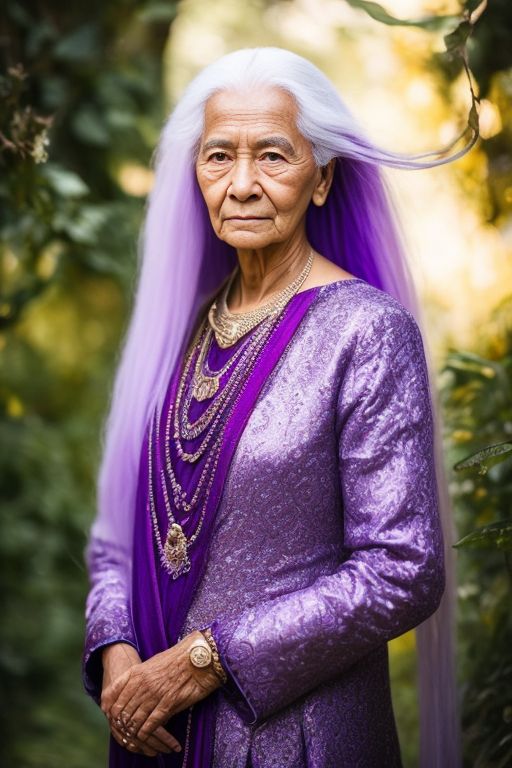 the first human woman to evolve into higher consciousness and telepathic powers, she has long white hair and is very beautiful, purple colour grade, Photography, nice shot, Fullbody, Canon EOS R6, old age, Beautiful, Elegant, Realistic