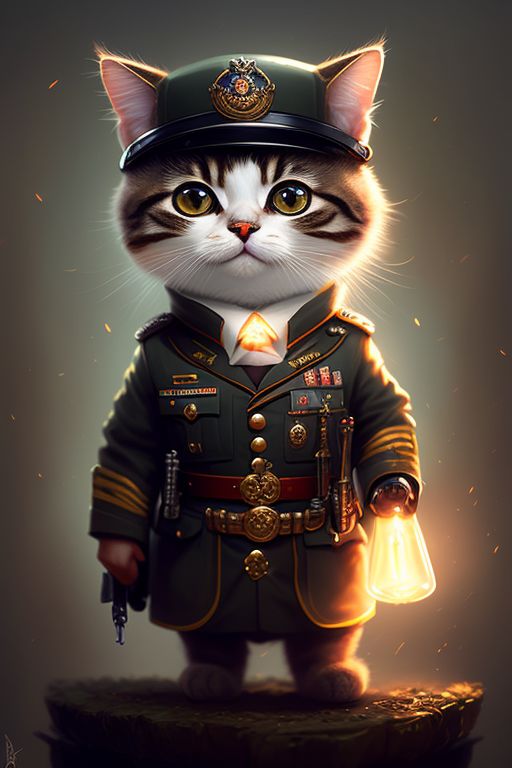 very cute tiny, cat wearing a military uniform, rim lighting, adorable big eyes, small, By greg rutkowski, chibi, Perfect lighting, Sharp focus