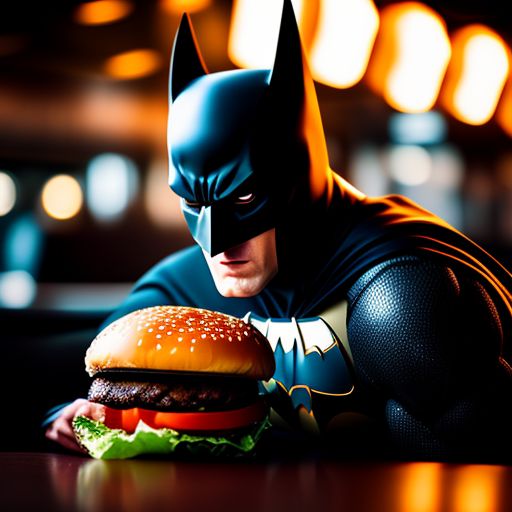 Batman eating a huge burger in a fast food restaurant, realistic, Cinematic, Photography, Sharp, Hasselblad, Dramatic Lighting, Depth of field, Medium shot, Soft color palette, 80mm, Incredibly high detailed, Lightroom gallery