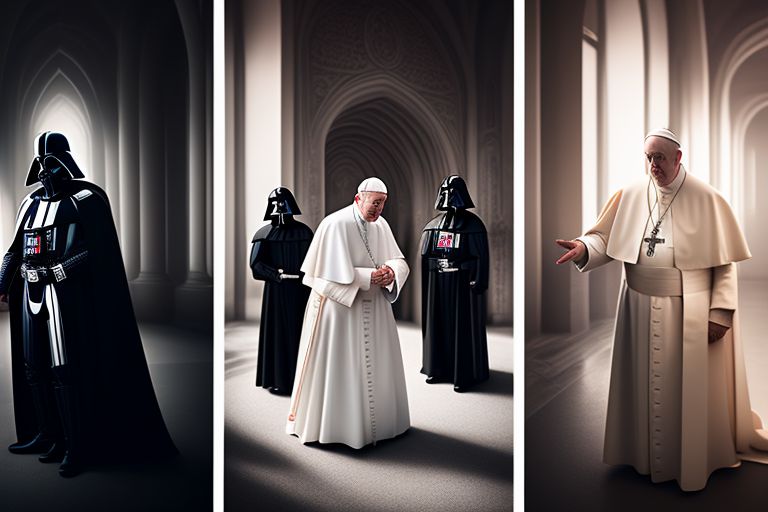 Pope Francis  side by side with darth vader giving hands
, Cinematic, Photography, Sharp, Hasselblad, Dramatic Lighting, Depth of field, Medium shot, Soft color palette, 80mm, Incredibly high detailed, Lightroom gallery