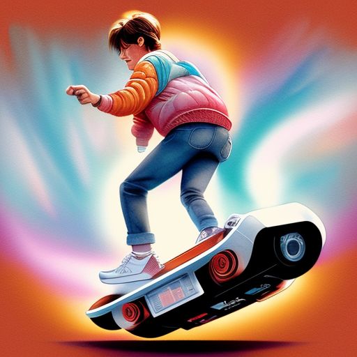 Delicate watercolor illustration, Marty McFly on a hoverboard, Back to the Future II, Warm color palette, Pastel colors, White background, Cozy
