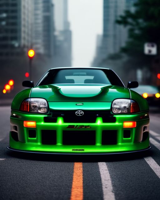 idiotic-deer706: car coming from the front, facing full bory, toyota supra  mk4 green matt, rims, led lights, in the road in city night