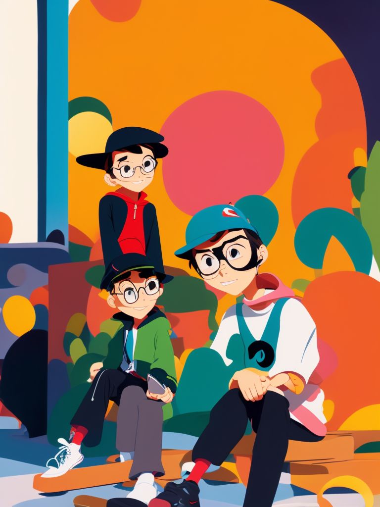 
boy sitting in front, using his cell phone, black cap and jacket, glasses, nike sneakers, jeans in ca, bright and colorful, Sunny day, Whimsical, Playful, disney-esque, art by mary blair, looney tunes, Chuck Jones, hayao miyazaki, Studio Ghibli, pixar.