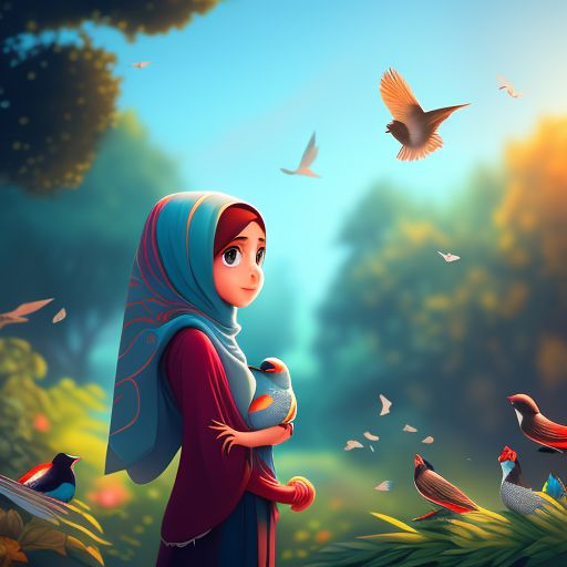 prudent-lion351: a girl with hijab in the forest with birds, cartoon, 8k