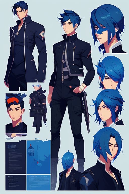 Anime style original character reference sheet, male character with light  blue and yellow hair, wearing flashy clothing