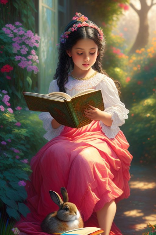 prudent-lion351: a girl reading a book to her rabbit, dog and bird