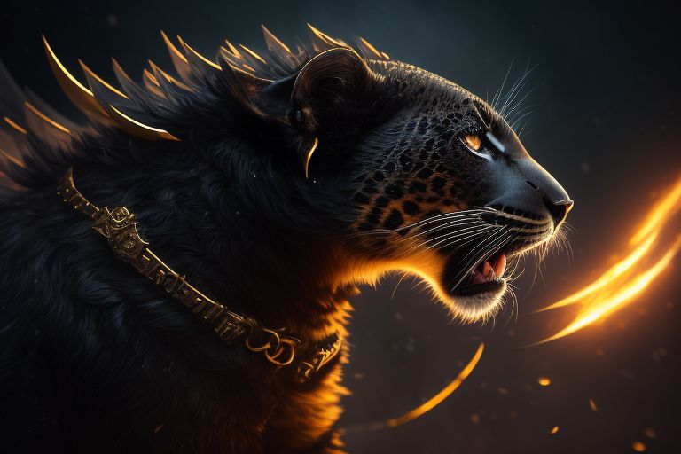 Winged Black Jaguar Cub, nine fluffy  tails and, wearing gold and black battle armor , set against a dark and moody background, the art should be highly detailed with sharp focus and smooth lines, inspired by the work of artists like greg rutkowski and wayne barlowe, the overall style should be fantasy and digital illustration, with a focus on artstation and deviantart.