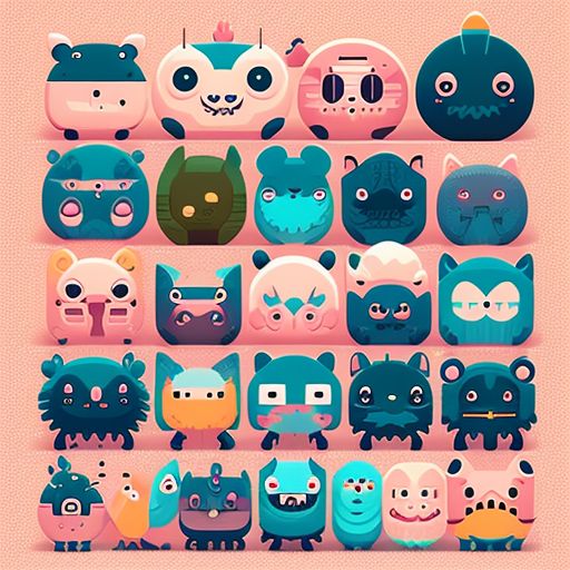 Vector illustration, Flat illustration, Illustration, a lot of cute monsters doodle art drawn into each other poster style, Trending on Artstation, Popular on Dribbble, Cozy wallpaper, Pastel colors, 32-bit pixel art, 64-bit, Art print, Hand painted, Knolling