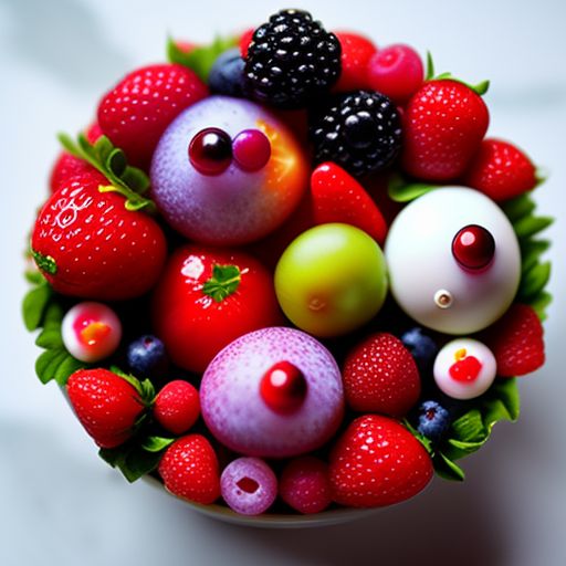 berries with human body parts tiny cute miniture diorama big adorable eyes bright colors