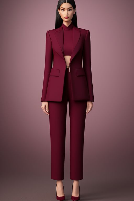 same-goose624: A sophisticated Balenciaga power suit in a burgundy hue, featuring a fitted blazer with exaggerated lapels and high-waisted, wide-leg trousers.