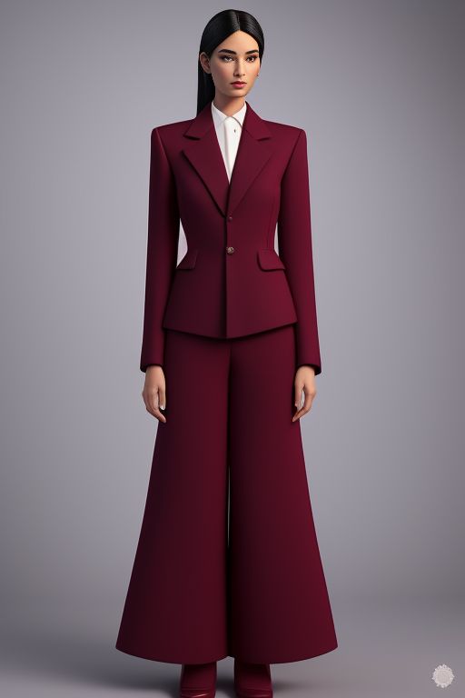same-goose624: A sophisticated Balenciaga power suit in a burgundy hue, featuring a fitted blazer with exaggerated lapels and high-waisted, wide-leg trousers.