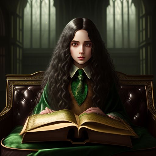 eager-tapir85: A brunette long wavy haired Slytherin girl with golden eyes