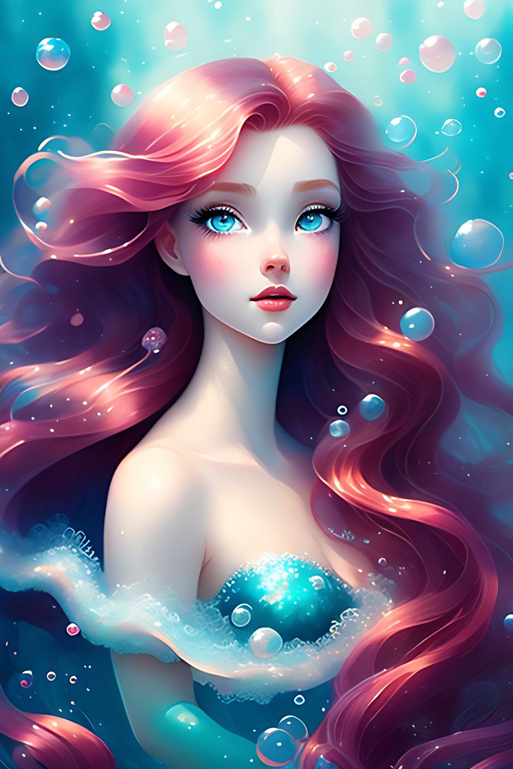 Little mermaid, long wavy red hair in motion, blue eyes, happy, underwater, bubbles, dreamy, pastel, Watercolor, Whimsical, Delicate, seashell crown, art by loish and lois van baarle, Trending on Artstation, Highly detailed, Intricate, Portrait, digital painting.