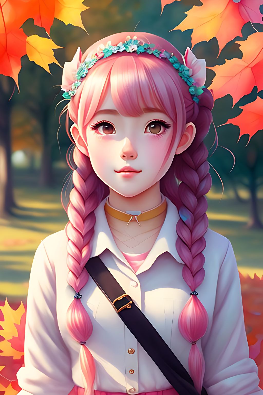 Sana half body shot of a cute school student girl in the park, pink