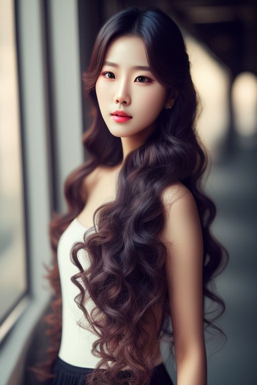 oizi: A Korean girl. Brown long hair. K-pop idol singer. Long straight hair  style. Spring. Walking in the city. open shoulder. black miniskirt. soft  skin. soft skin. Natural natural light. soft sunlight.