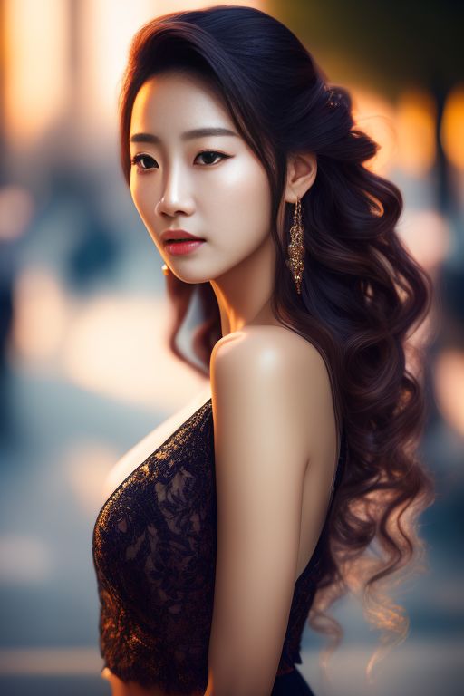 oizi: A beautiful Korean girl. Brown long hair. K-pop idol singer. Spring.  Walking in the city. open shoulder. Black mini skirt. Voluptuous body, soft  skin. soft skin. Natural natural light. soft sunlight.