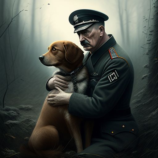 Hitler with his dog, with a melancholic feel, Digital painting, Artstation, Highly detailed, Intricate, Sharp focus, art by greg rutkowski and zdislav beksinski, ww2, dark history.