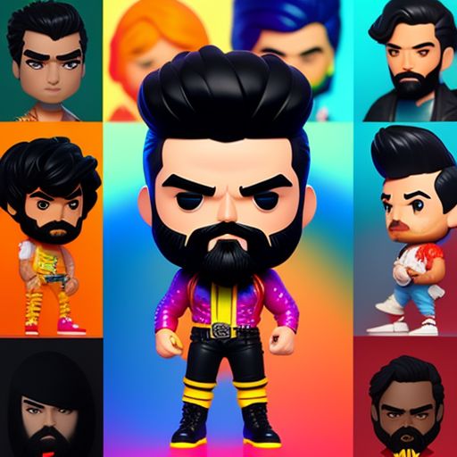 funko pop of men with black hair and beard, inspired by funko pop vinyl figures, bright and colorful, highly stylized, with a mix of realistic and exaggerated features, Trending on Artstation, by artists like skottie young, sean galloway, and dan mora.