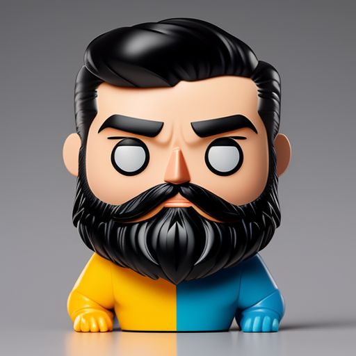 funko pop of man with black hair and beard, inspired by funko pop vinyl figures, bright and colorful, highly stylized, with a mix of realistic and exaggerated features, Trending on Artstation, by artists like skottie young, sean galloway, and dan mora.