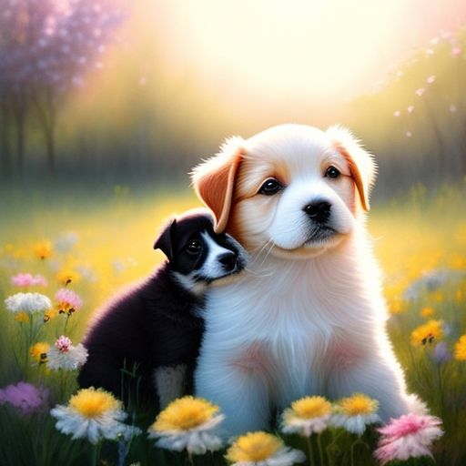 puppy love
, sitting in a field of flowers under a warm ray of sunshine, soft focus, dreamy, Romantic, pastel, Watercolor, heartwarming, by emily winfield martin, trending on pinterest.